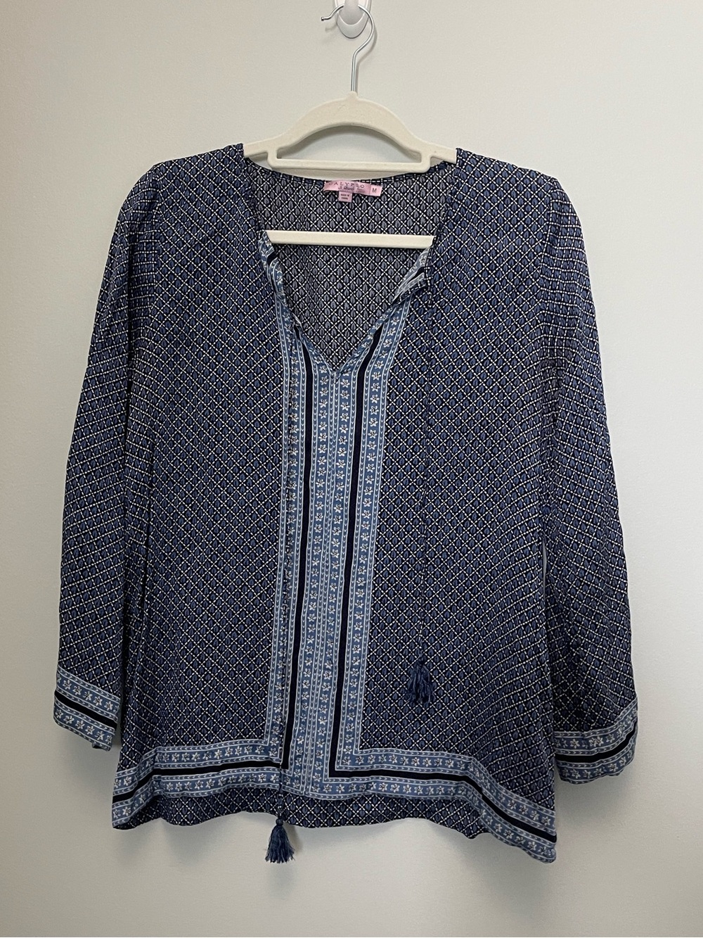 Calypso St. Barth Silk Navy & Light Blue Printed V-Neck Blouse boho